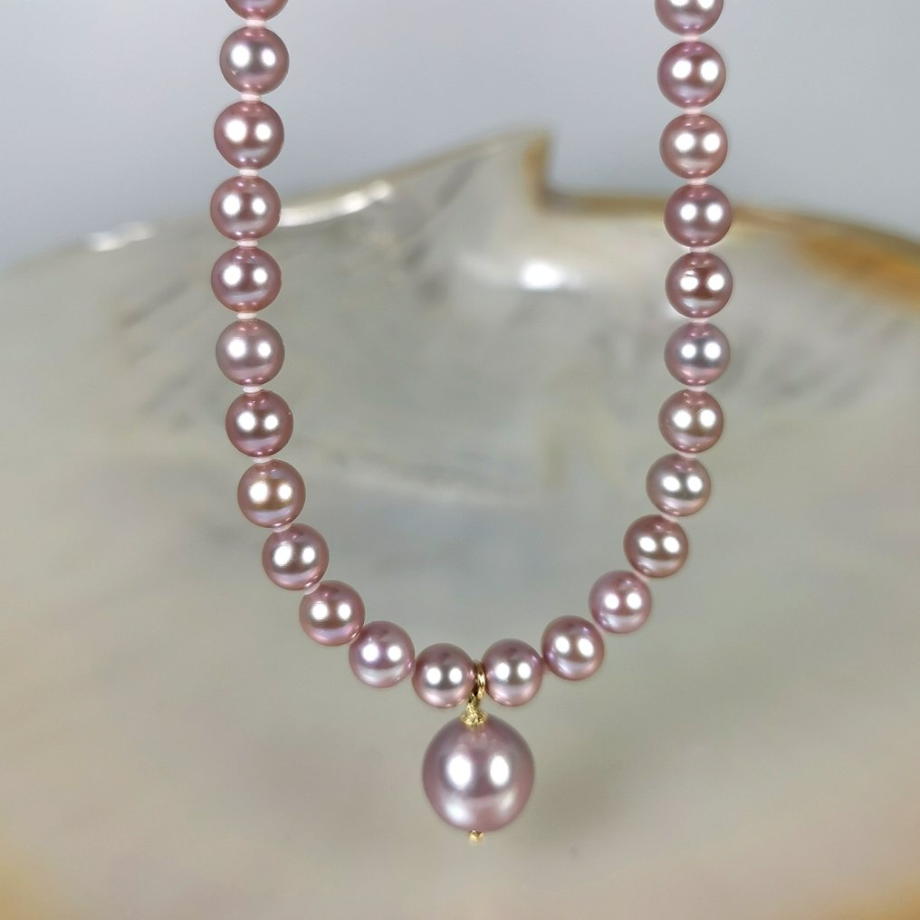 Collier avec pendentif - 18 carats Or jaune Perle - Fwp Ø6,5x12,5mm rose #1.0