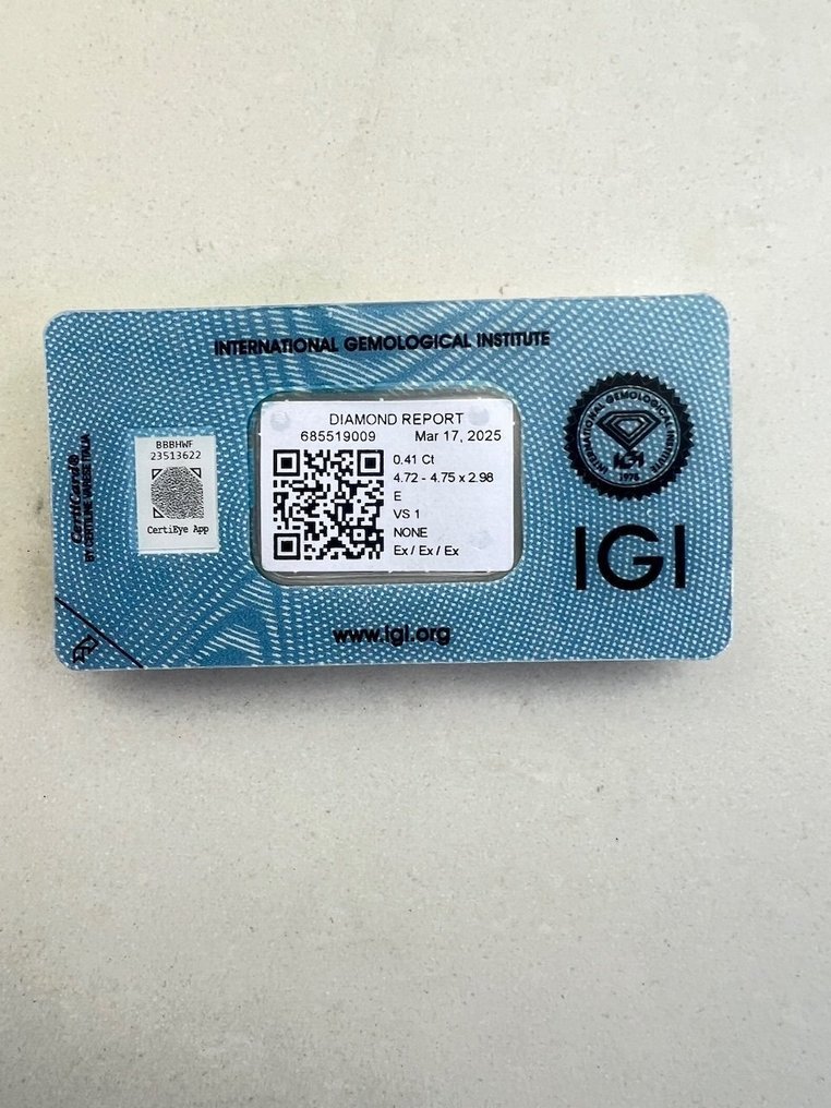1 pcs 钻石 (天然) - 0.41 ct - 圆形 - E - VS1 轻微内含一级 - 国际宝石研究院(IGI) #2.1