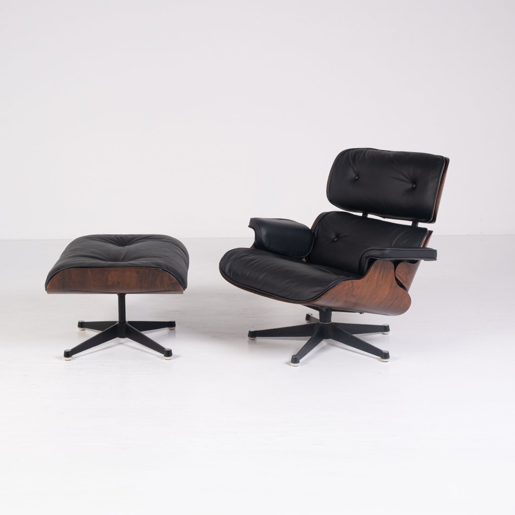 Herman Miller, ICF - Charles Eames - 帶腳凳扶手椅 (2) - 休闲椅 - 皮革, 鋁, 花梨木 - 1964版 #1.0