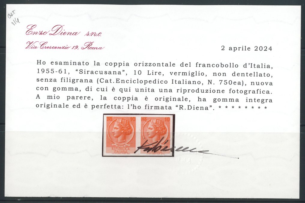 意大利共和国 - Siracusana,深红色无齿的里拉,没有水印。由R. Diena完整签发的证书。 - Catalogo C.E.I. n. 750ea, #1.0