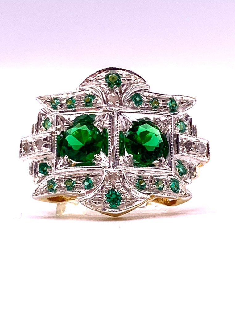 Ingen reservasjonspris - Ring - 9 karat Gull, Sølv Smaragd - Smaragd - Diamanter #1.0