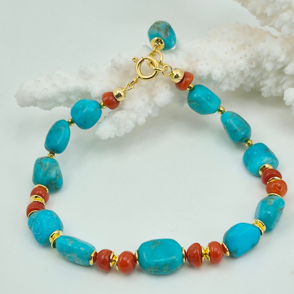 Turchese - Argento, Placcato oro - Bracciale - TURCHESE AMERICANO #1.0