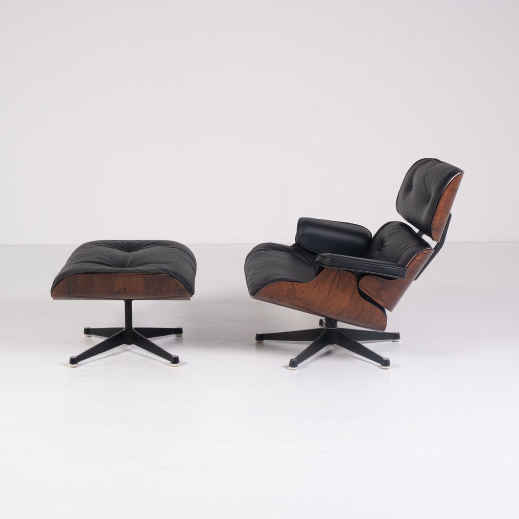 Herman Miller, ICF - Charles Eames - 帶腳凳扶手椅 (2) - 休闲椅 - 皮革, 鋁, 花梨木 - 1964版 #1.0