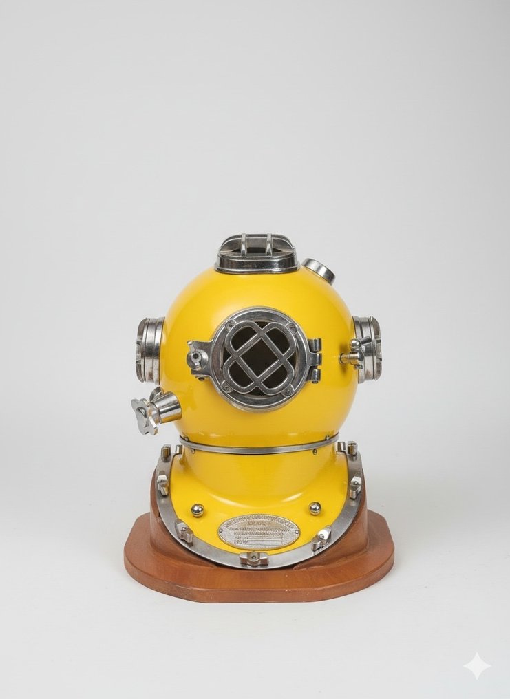 Duikhelm - UNIQUE XXL DIVING HELMET AND LAMP - Staal, Emaille, Messing, Hout #1.0