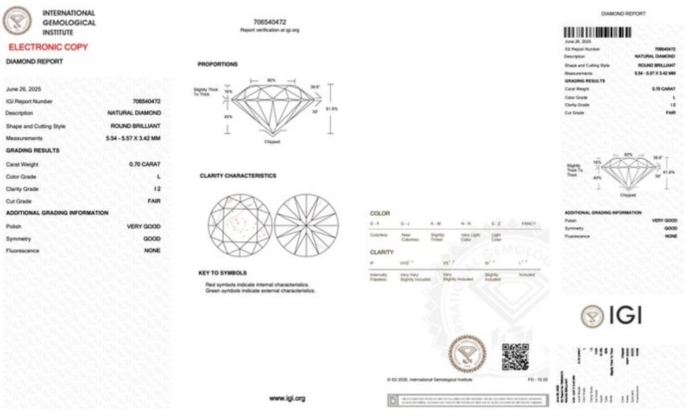 1 pcs 钻石  (天然)  - 0.70 ct - 圆形 - L - I2 内含二级 - 国际宝石研究院（IGI） #1.0