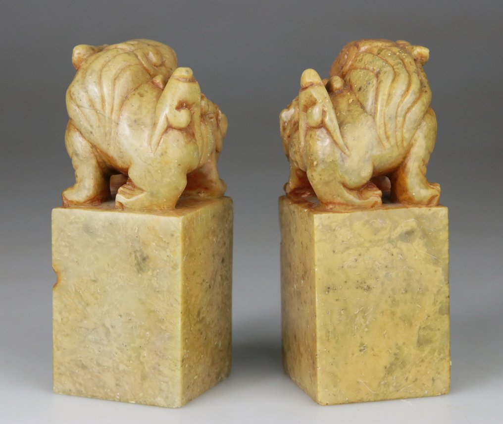 Ζευγάρι Κινέζικες σφραγίδες, γλυπτά Qilongs - Λιοντάρι - Σαπουνόχωμα - Κίνα - Early 20th century #2.1
