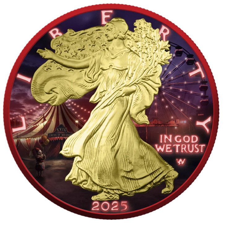 USA. 1 Dollar 2025 American Silver Eagle – 1 oz Silver .999 – “Creepy Smile” – Gold & Space Red Edition – #2.1
