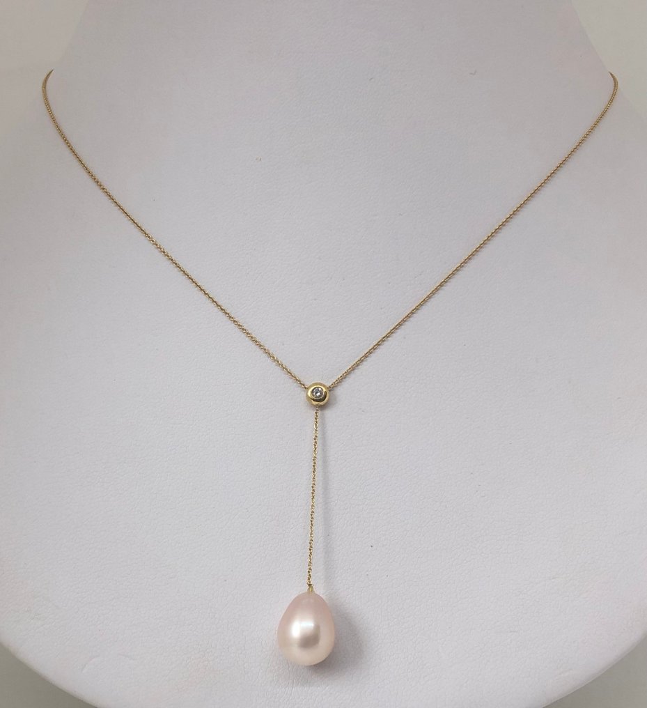 Κολιέ με μενταγιόν Μαργαριτάρια σταγόνας γλυκού νερού - Κίτρινο Χρυσό 18K -  0.03ct. tw. Διαμάντι (Φυσικό)  #1.0