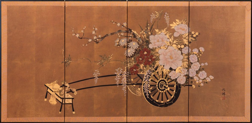 Byōbu folding screen - Paper, Wood, A four-panel byōbu Japanese screen with a flower cart on a golden background - Japan #3.2