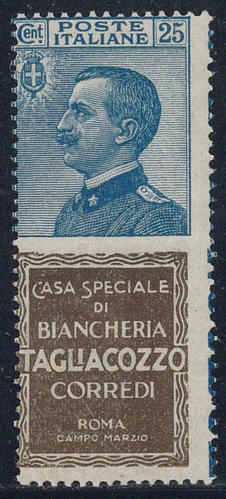 Italia Regno - Pubblicitari - 25 c. "Tagliacozzo" n. 8, fresco e ben dentellato. Cert. R. Diena. #1.0