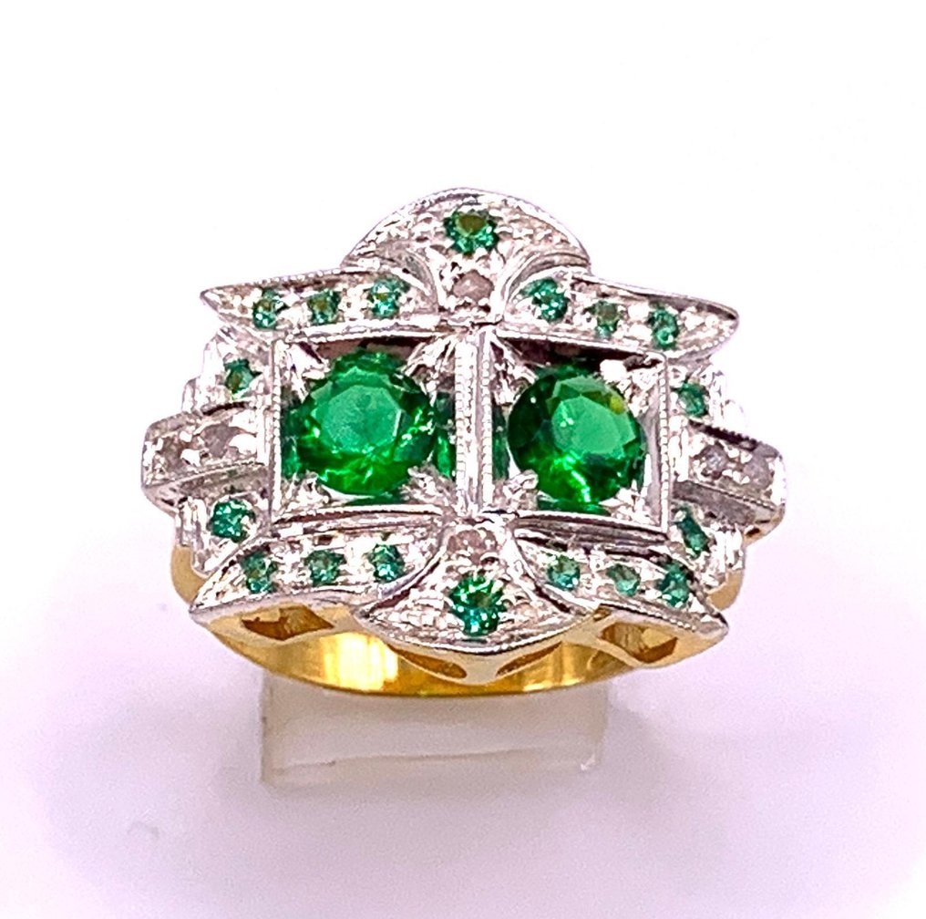 Ingen reservasjonspris - Ring - 9 karat Gull, Sølv Smaragd - Smaragd - Diamanter #1.0