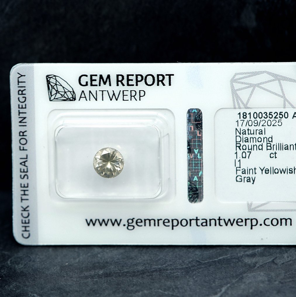 1 pcs Diamant (Naturfarvet) - 1.07 ct - Rund - Faint Gullig Grå - I1 - Gem Report Antwerp (GRA) #1.0