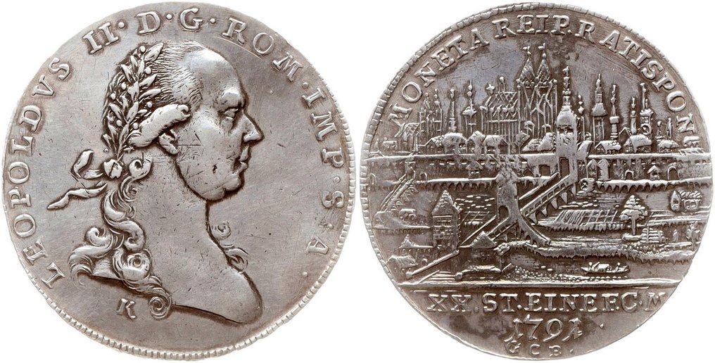 Niemcy, Regensburg - miasto. 1/2 Konv.-Taler 1791,  Stempel (Avers) von Johann Nikolaus Körnlein, Mm. Georg Christoph Busch. Stadtansicht. Rare #2.1