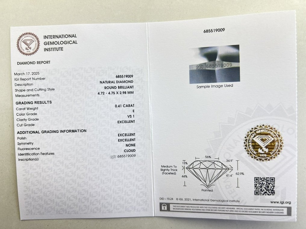 1 pcs 钻石 (天然) - 0.41 ct - 圆形 - E - VS1 轻微内含一级 - 国际宝石研究院(IGI) #3.2
