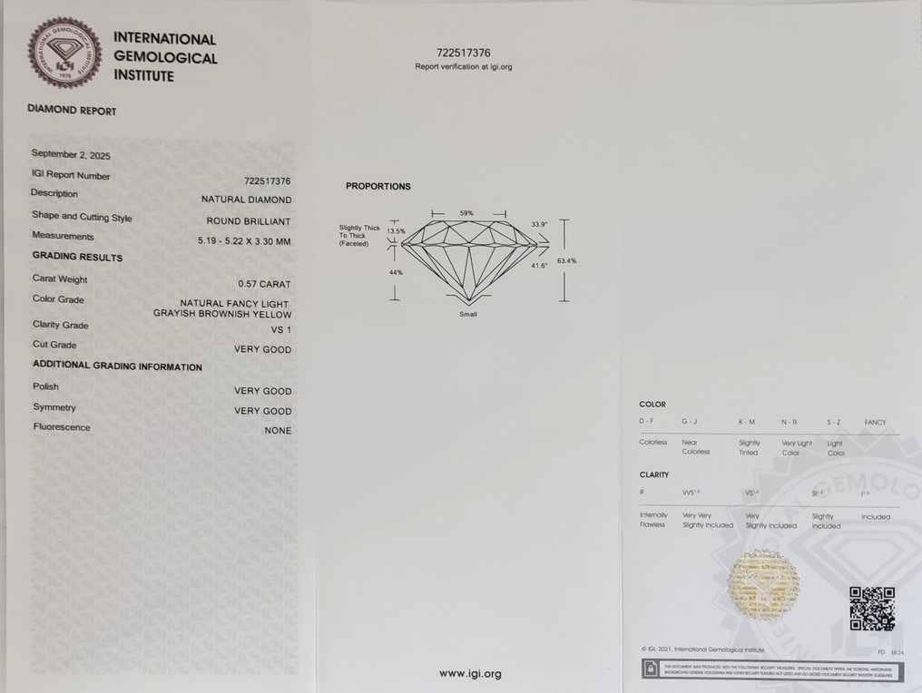 没有保留价 - 1 pcs 钻石 (天然色彩的) - 0.57 ct - 圆形 - Fancy light 稍帶灰色的, 稍帶棕色的 黄色 - VS1 轻微内含一级 - 国际宝石研究院(IGI) #4.3