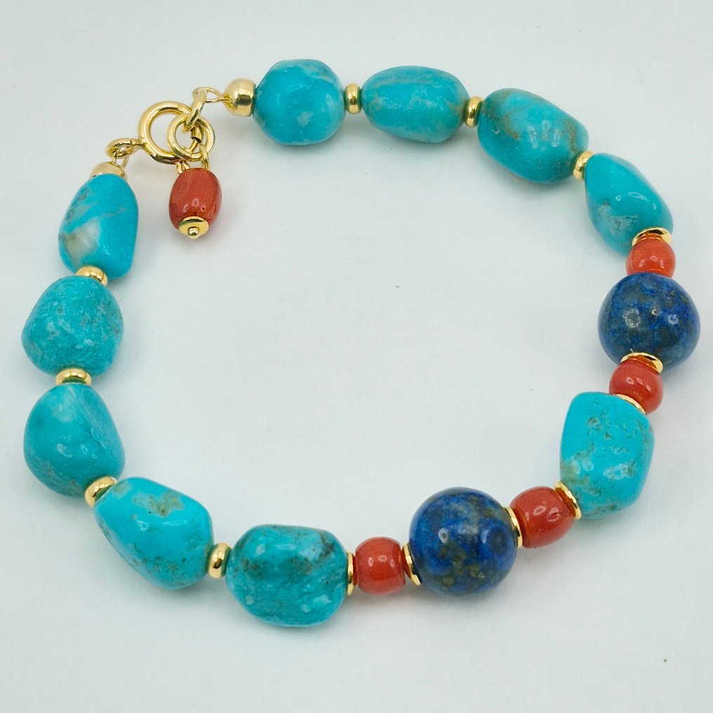 Turchese - Argento, Placcato oro - Bracciale - CORALLO TURCHESE E LAPIS #3.2