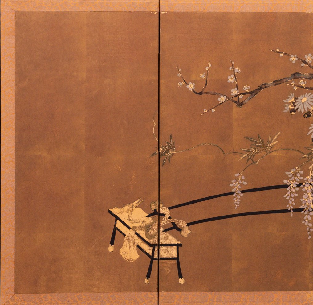 Byōbu folding screen - Paper, Wood, A four-panel byōbu Japanese screen with a flower cart on a golden background - Japan #1.0