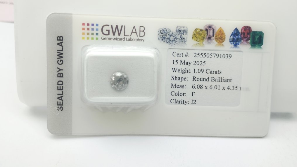 Utan reservationspris - 1 pcs Diamant  (Natural)  - 1.09 ct - Rund - I2 - Gemewizard Gemological Laboratory (GWLab) #2.1