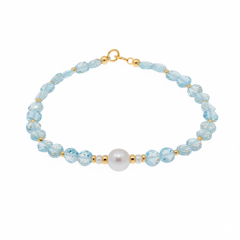 χωρίς τιμή ασφαλείας - Βραχιόλι - 18 καράτια Κίτρινο χρυσό Μαργαριτάρι - Ακουαμαρίνης #1.0