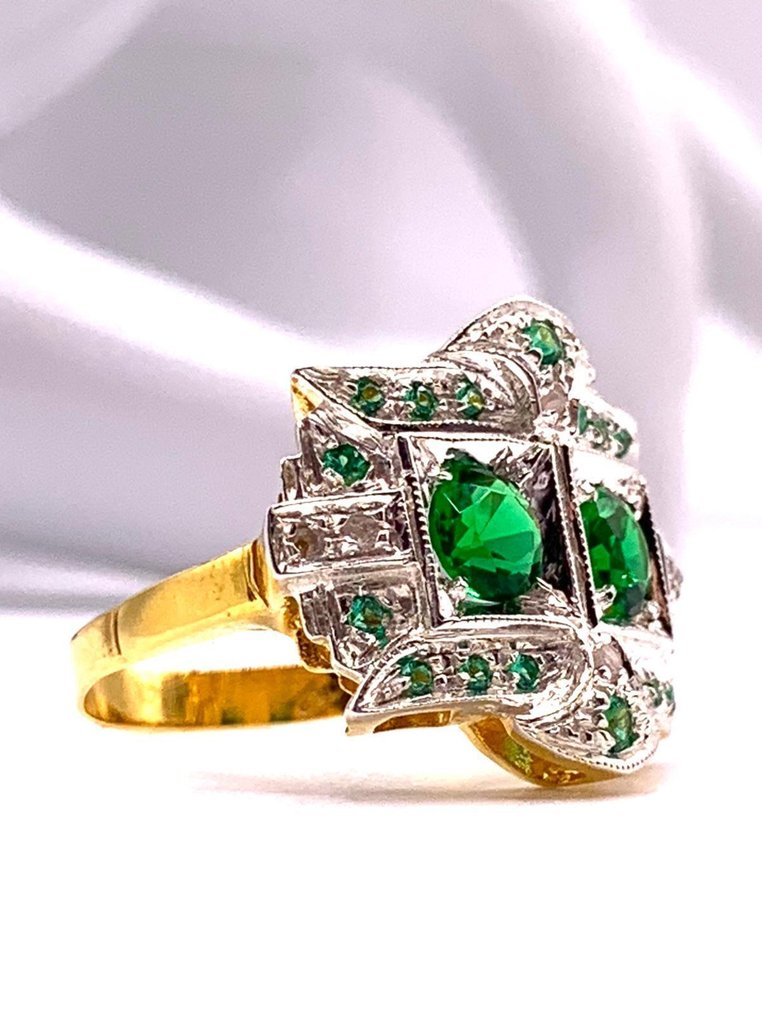 Ingen reservasjonspris - Ring - 9 karat Gull, Sølv Smaragd - Smaragd - Diamanter #3.2