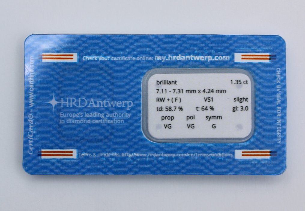1 pcs 鑽石  (天然)  - 1.35 ct - 圓形 - F(近乎無色) - VS1 - HRD Antwerp #1.0