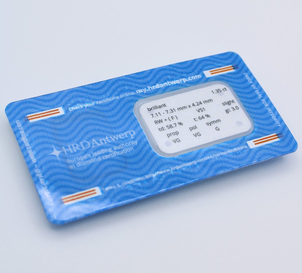 1 pcs 鑽石  (天然)  - 1.35 ct - 圓形 - F(近乎無色) - VS1 - HRD Antwerp #4.3