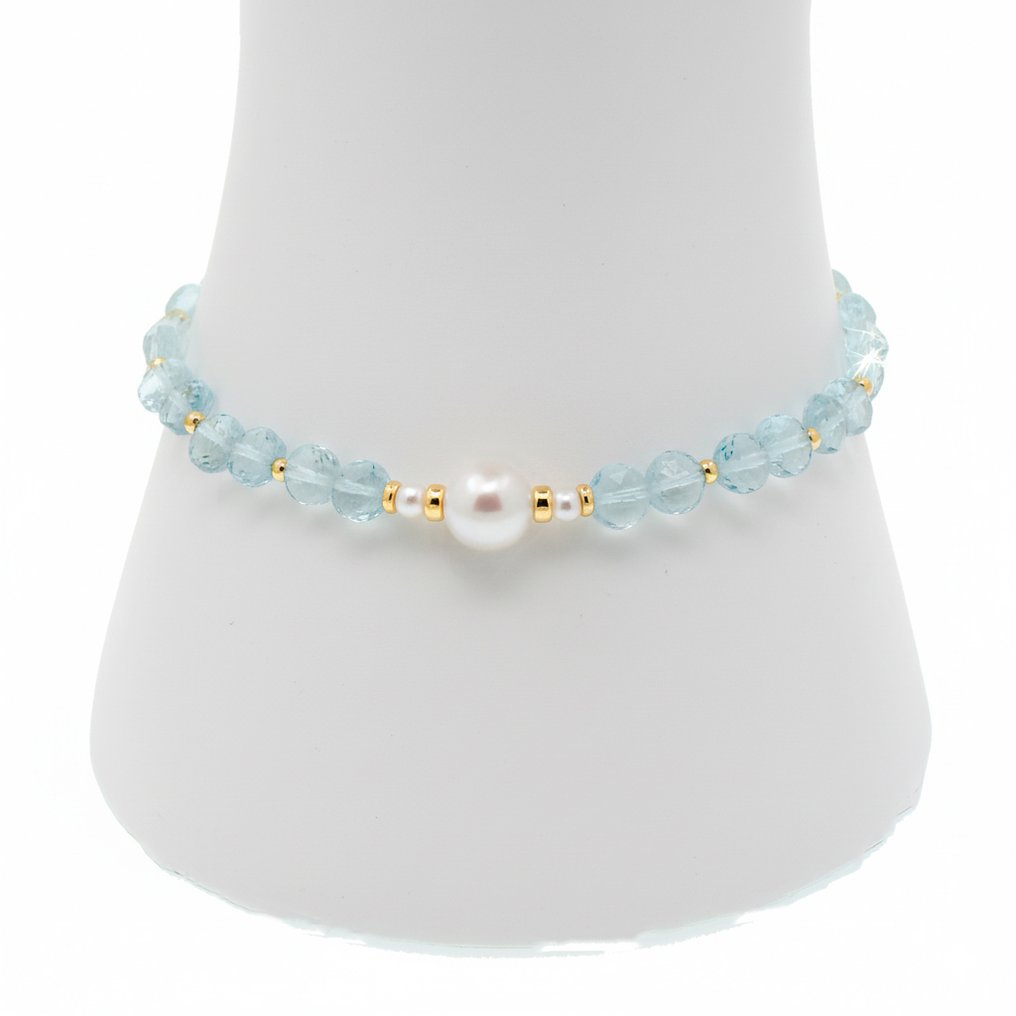 χωρίς τιμή ασφαλείας - Βραχιόλι - 18 καράτια Κίτρινο χρυσό Μαργαριτάρι - Ακουαμαρίνης #1.0