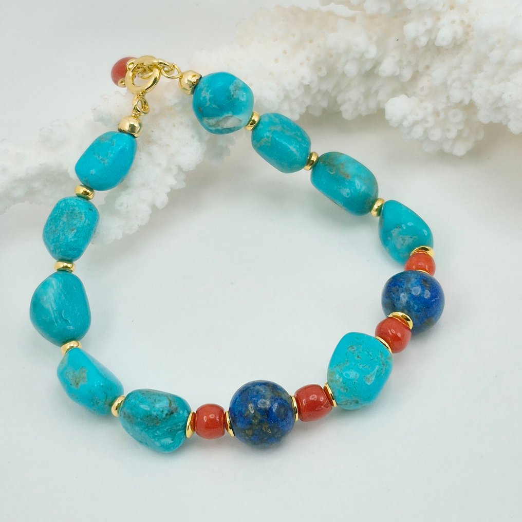 Turchese - Argento, Placcato oro - Bracciale - CORALLO TURCHESE E LAPIS #1.0