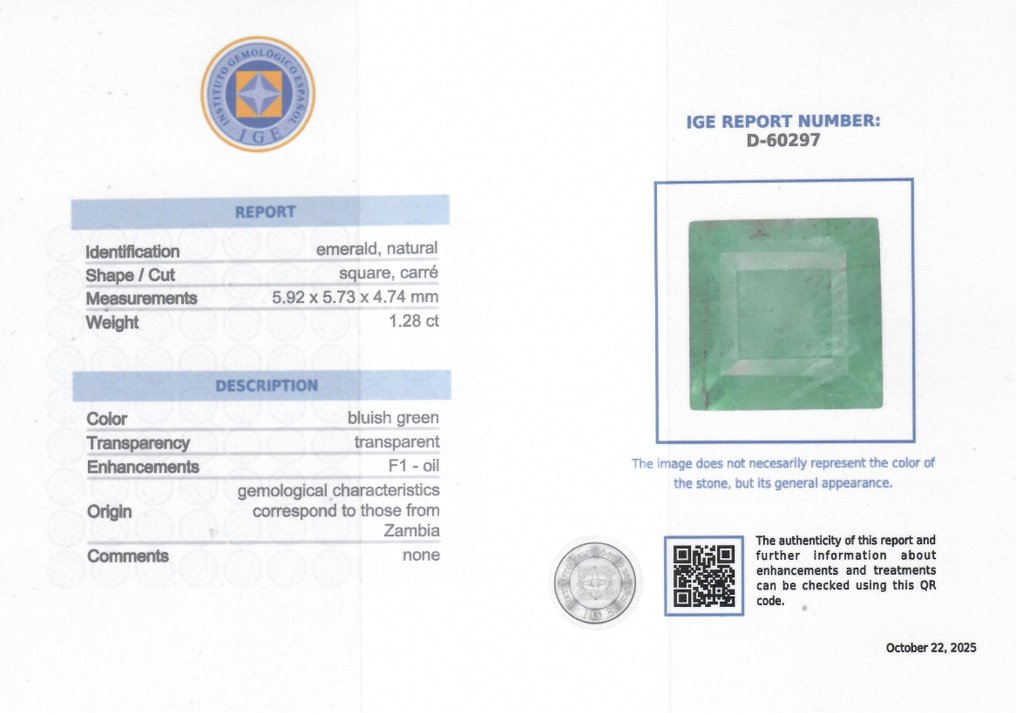 1 pcs Πράσινο Σμαράγδι - 1.28 ct - Instituto Gemólogico Español (IGE) - Μικρό πετρέλαιο #2.1