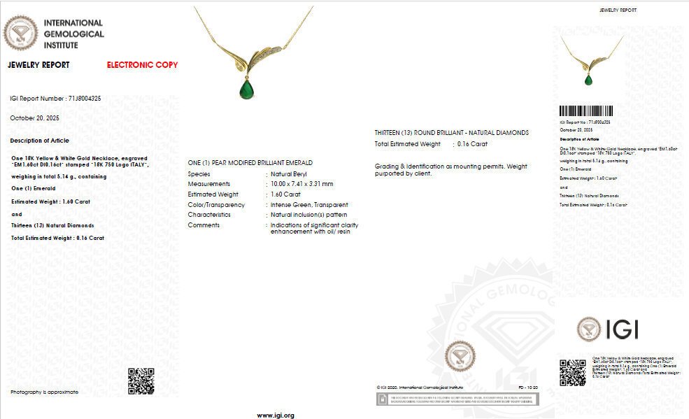 项链 - 18K包金 黄金 - 1.76ct. tw. 祖母绿 - 钻石 - IGI 认证 #2.1