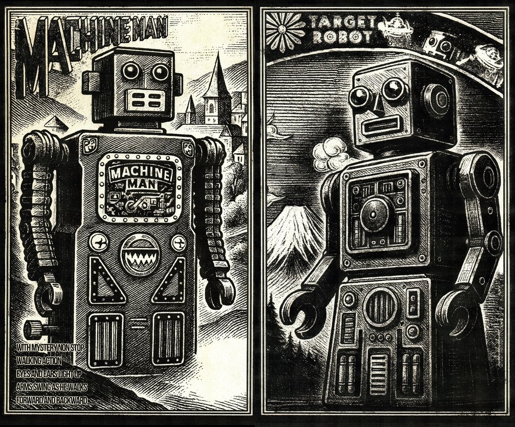Æ2381 - "Machine Man & Target Robot" Æ’s Japanese Tin Robots — Limited Edition 2025 - Wind-up tin toy - 2000-present #1.0