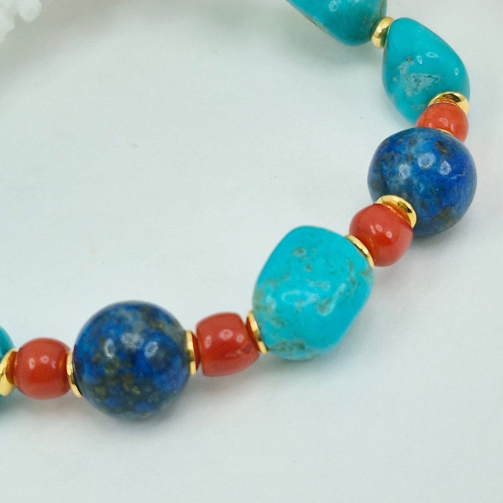 Turchese - Argento, Placcato oro - Bracciale - CORALLO TURCHESE E LAPIS #2.1