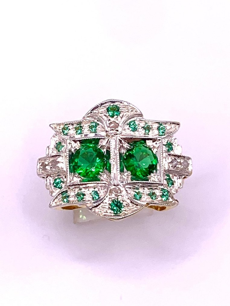 Ingen reservasjonspris - Ring - 9 karat Gull, Sølv Smaragd - Smaragd - Diamanter #2.1