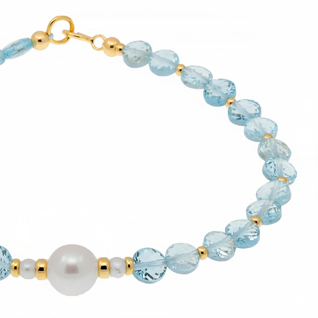 χωρίς τιμή ασφαλείας - Βραχιόλι - 18 καράτια Κίτρινο χρυσό Μαργαριτάρι - Ακουαμαρίνης #4.3