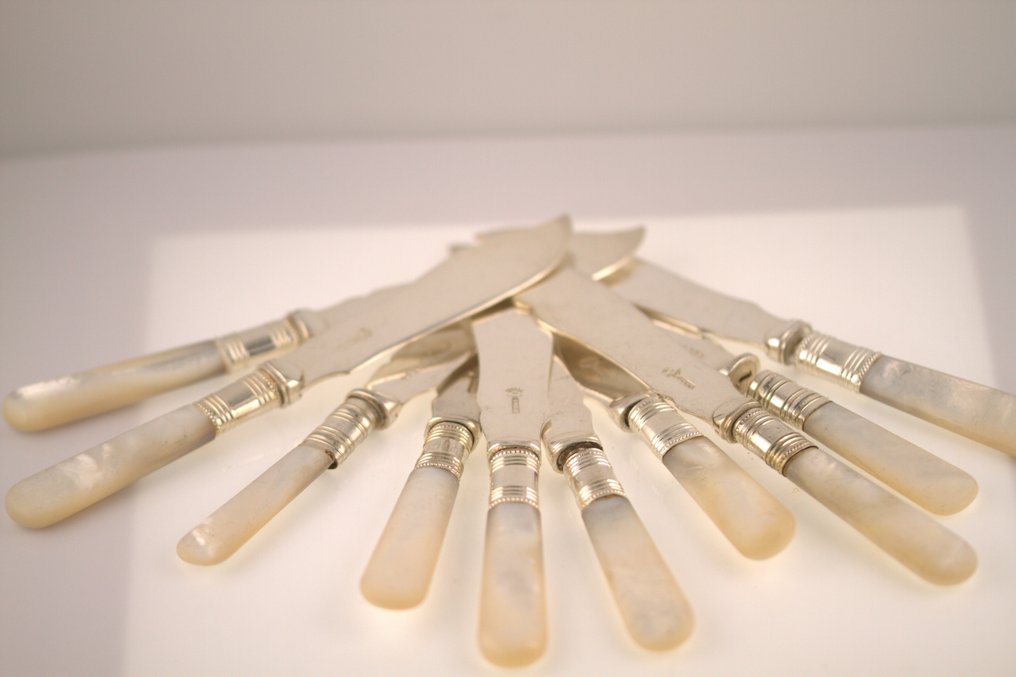 J.S * Sanderson  Shefield. - Cutlery set (9) - Mother of pearl, Silverplated #4.3