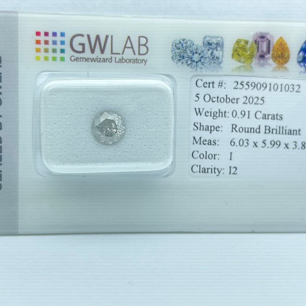 No Reserve Price - 1 pcs Diamond  (Natural)  - 0.91 ct - Round - I - I2 - Gemewizard Gemological Laboratory (GWLab) #4.3