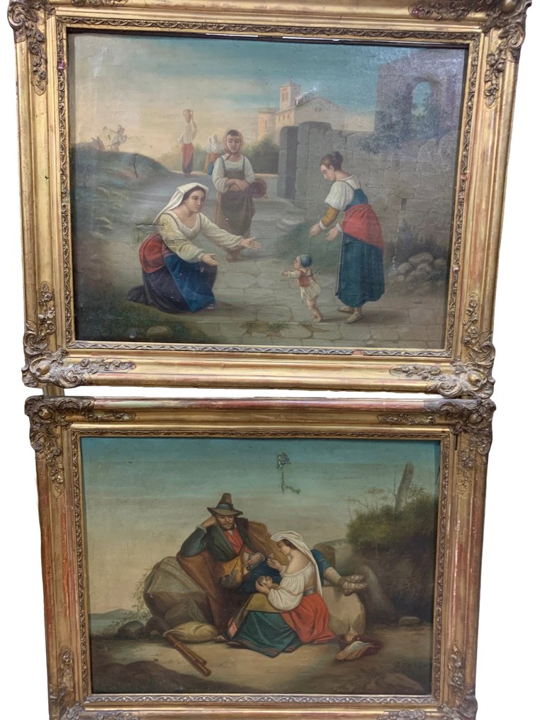 Luigi Tagliani (XIX), scuola di - Coppia di scene di campagna con personaggi #1.0