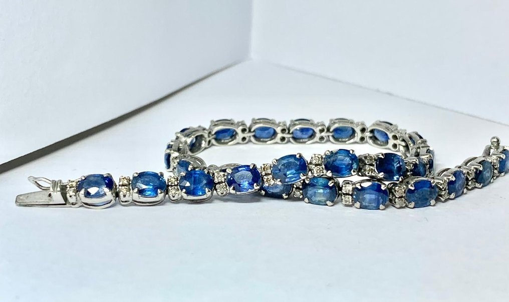 网球手链 - 18K包金 白金 -  14.80ct. tw. 钻石 (天然) - 蓝宝石 - 精彩的手链 #2.1