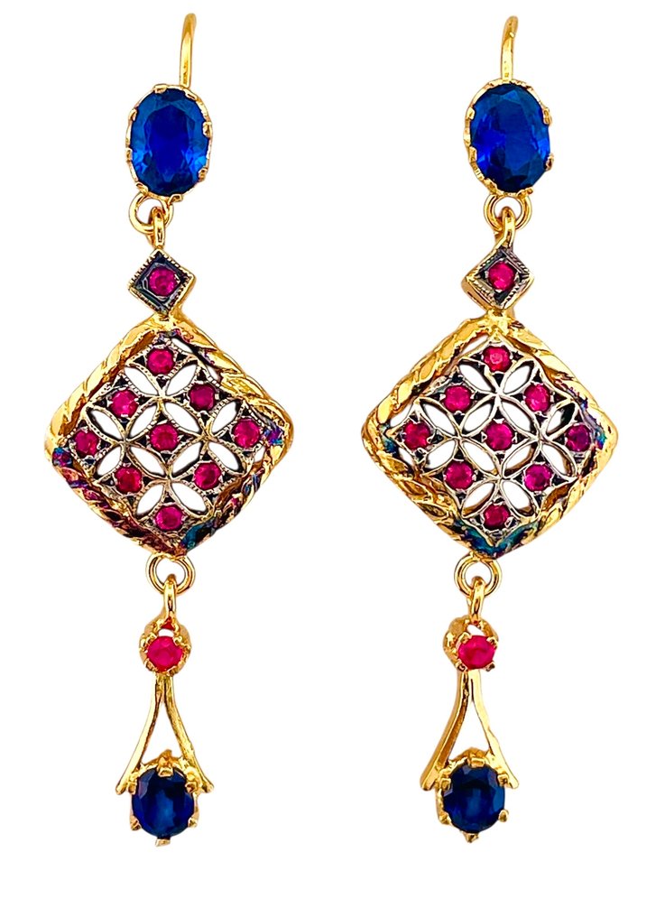 没有保留价 - 耳环 - 9 kt. 黄金, 银 蓝宝石 - 红宝石 #1.0