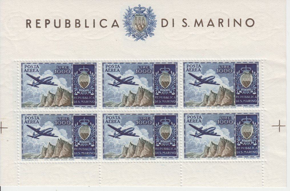 圣玛利诺 1954 - 1954年圣马力诺空邮小册子“空中与徽章”6个面值,未使用,完美邮票 #1.0