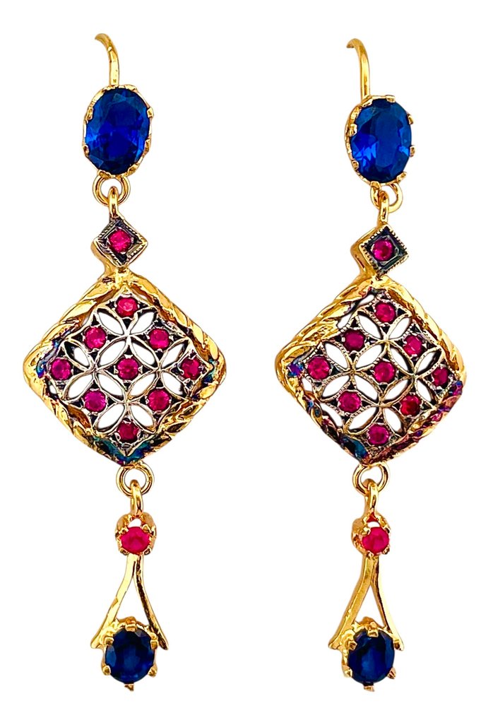 没有保留价 - 耳环 - 9 kt. 黄金, 银 蓝宝石 - 红宝石 #4.3