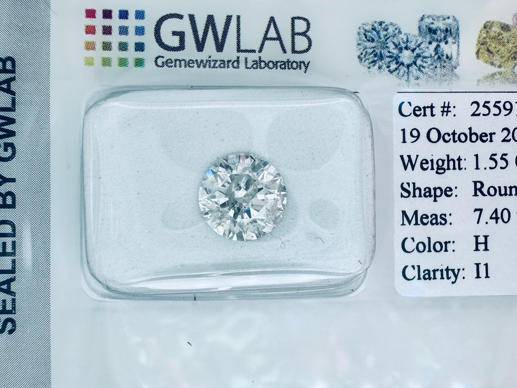 1 pcs Diamant (Natürlich) - 1.55 ct - Rund - H - I1 - Gemewizard Gemological Laboratory (GWLab) - ( NATÜRLICH - EX/VG/VG ) #1.0