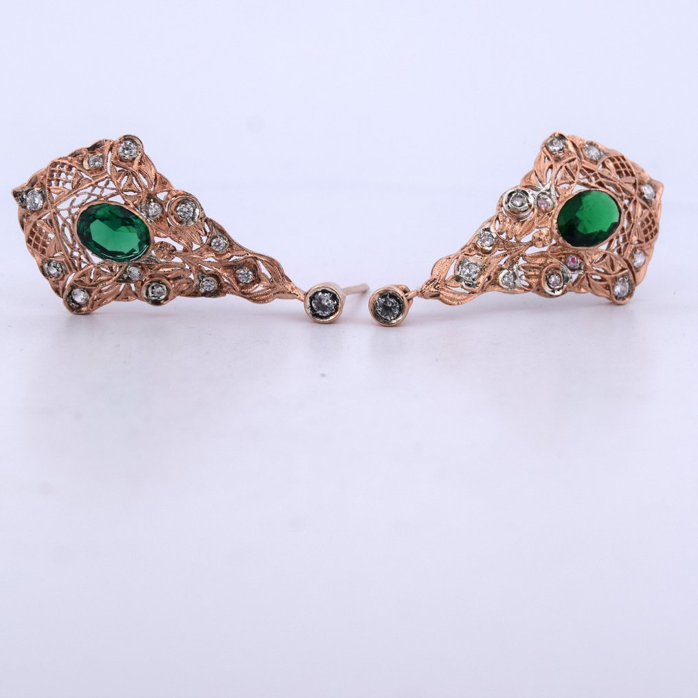 没有保留价 - 耳环 - 9 kt. 玫瑰金 - 3.12ct. tw. 祖母绿 - 钻石 #4.3