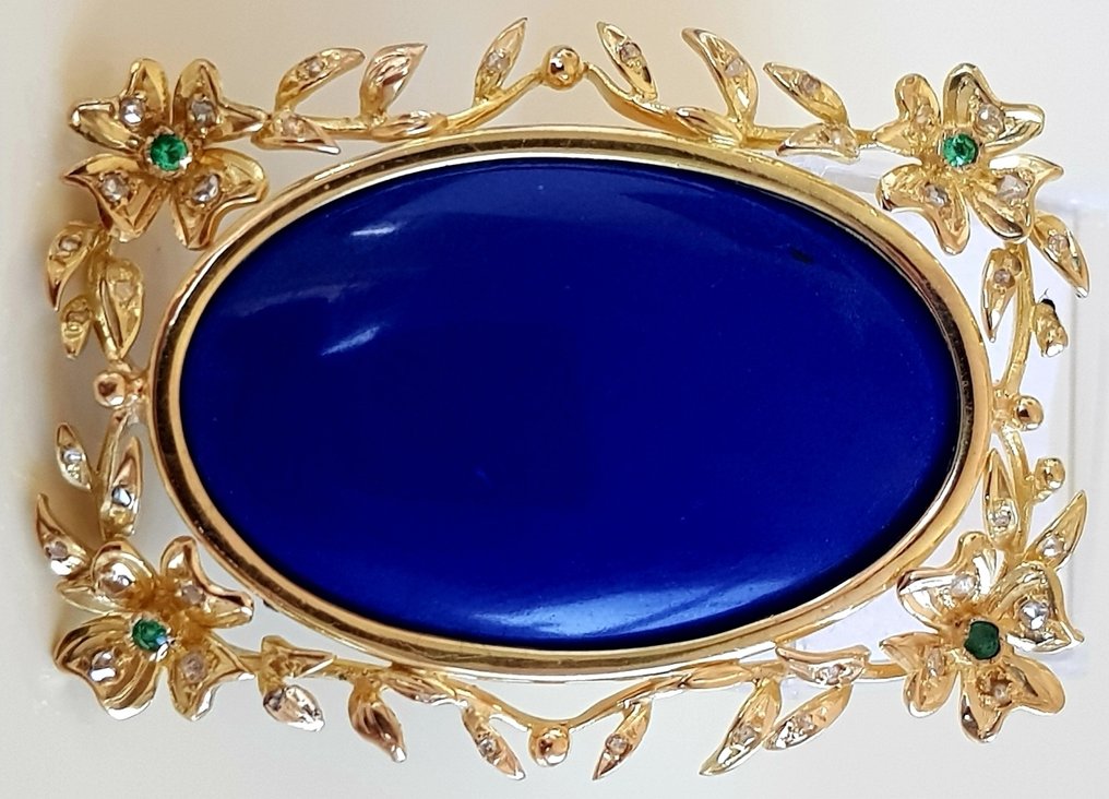 胸针 - 18K包金 黄金 青金石 - 钻石 - 青金石、钻石、翡翠 #1.0