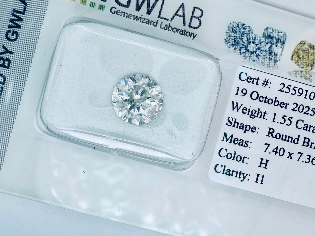 1 pcs Diamant (Natürlich) - 1.55 ct - Rund - H - I1 - Gemewizard Gemological Laboratory (GWLab) - ( NATÜRLICH - EX/VG/VG ) #3.2