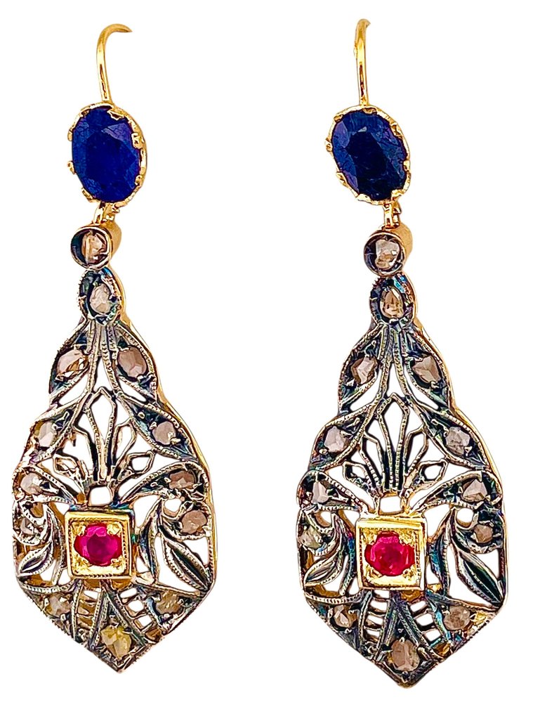 沒有保留價 - 耳環 - 9 節 黃金, 銀 藍寶石 - 鉆石 #3.2