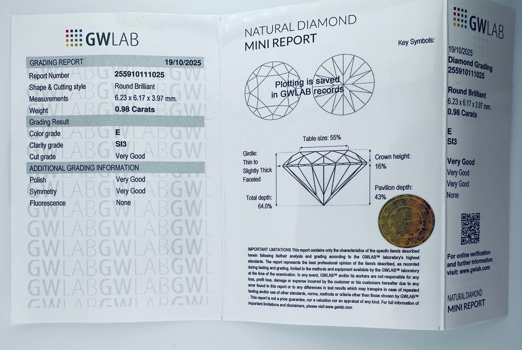 1 pcs 鑽石  (天然)  - 0.98 ct - 圓形 - E(近乎完全無色) - SI3 - Gemewizard Gemological Laboratory (GWLab) - ( NATURAL - VG/VG/VG ) #4.3