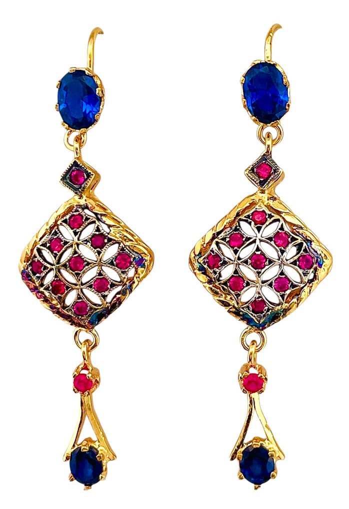 没有保留价 - 耳环 - 9 kt. 黄金, 银 蓝宝石 - 红宝石 #3.2