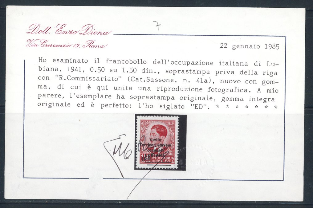 Italien - Besetzung von Slowenien (1941) - 0,50 auf 1,50 d., mit fehlendem Überwachung der ersten Zeile ('R. Commissariato'). Rest, cert. E. - Sassone n. 41a #2.1