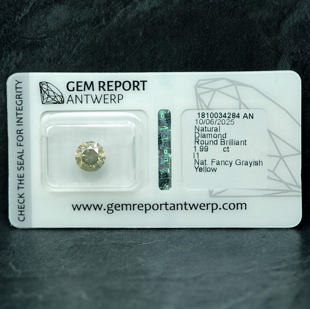 没有保留价 - 1 pcs 钻石  (天然色彩的)  - 1.99 ct - 圆形 - Fancy 稍帶灰色的 黄色 - I1 内含一级 - 安特卫普宝石报告（GRA） #1.0